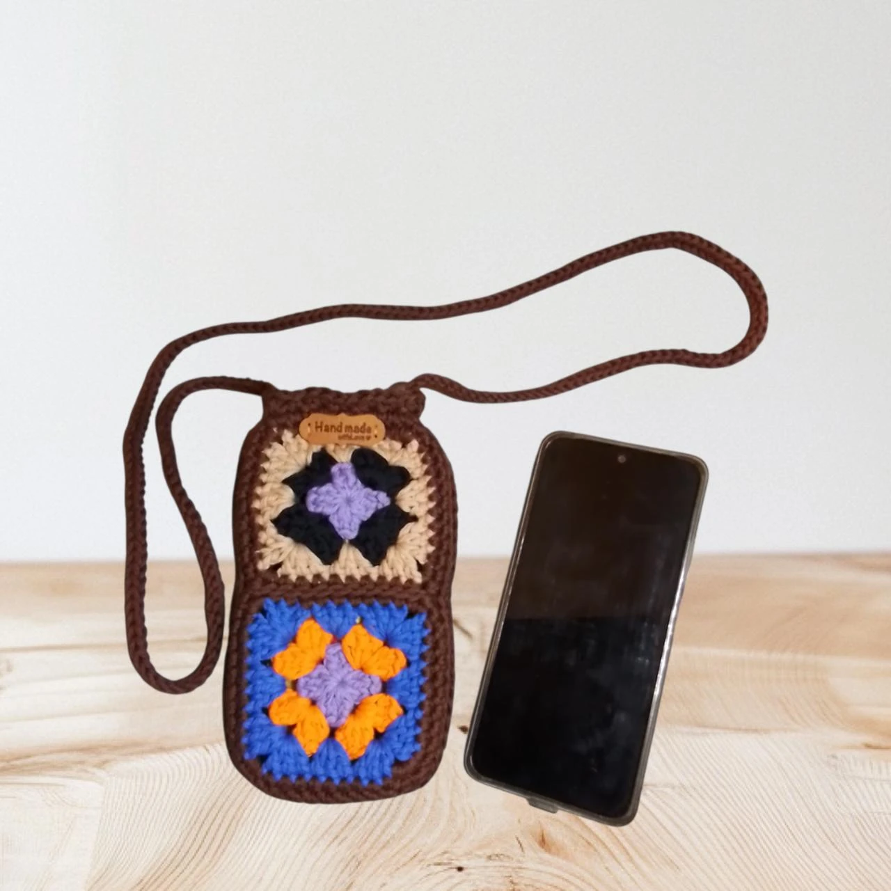 Pochette téléphone bandoulière marron multicolore 19x9 en 100% coton Neuf Fait M – photo 4